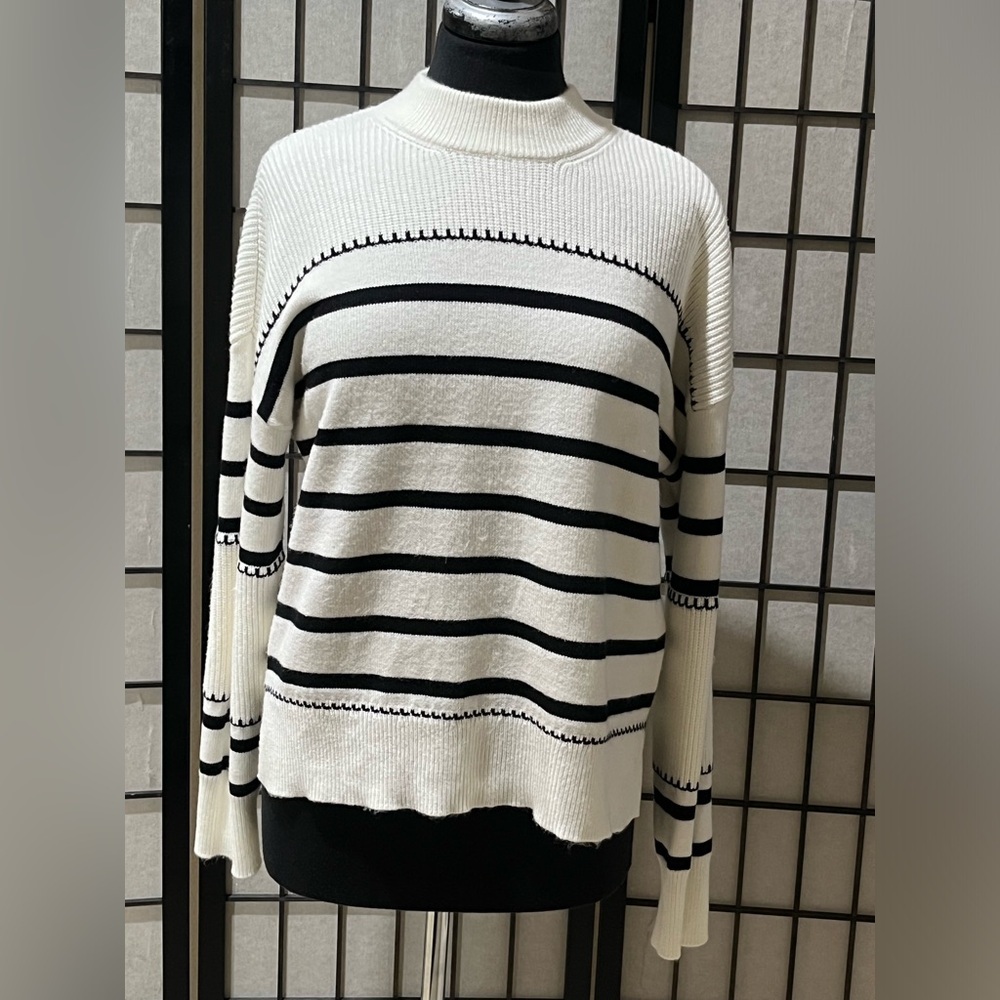 Greige Ribbed Knit Sweater Black - White Stripe, Coastal, WOMEN SIZE L - Picture 7 of 13